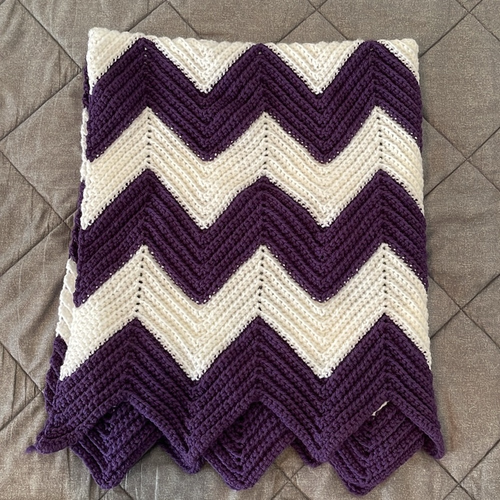 Handmade Chevron Crocheted Purple + White Baby/Infant/Stroller/Bassinet Blanket